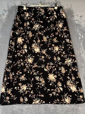 Kathie Lee Collection Floral A-Line Skirt Black Beige Size 16 Midi